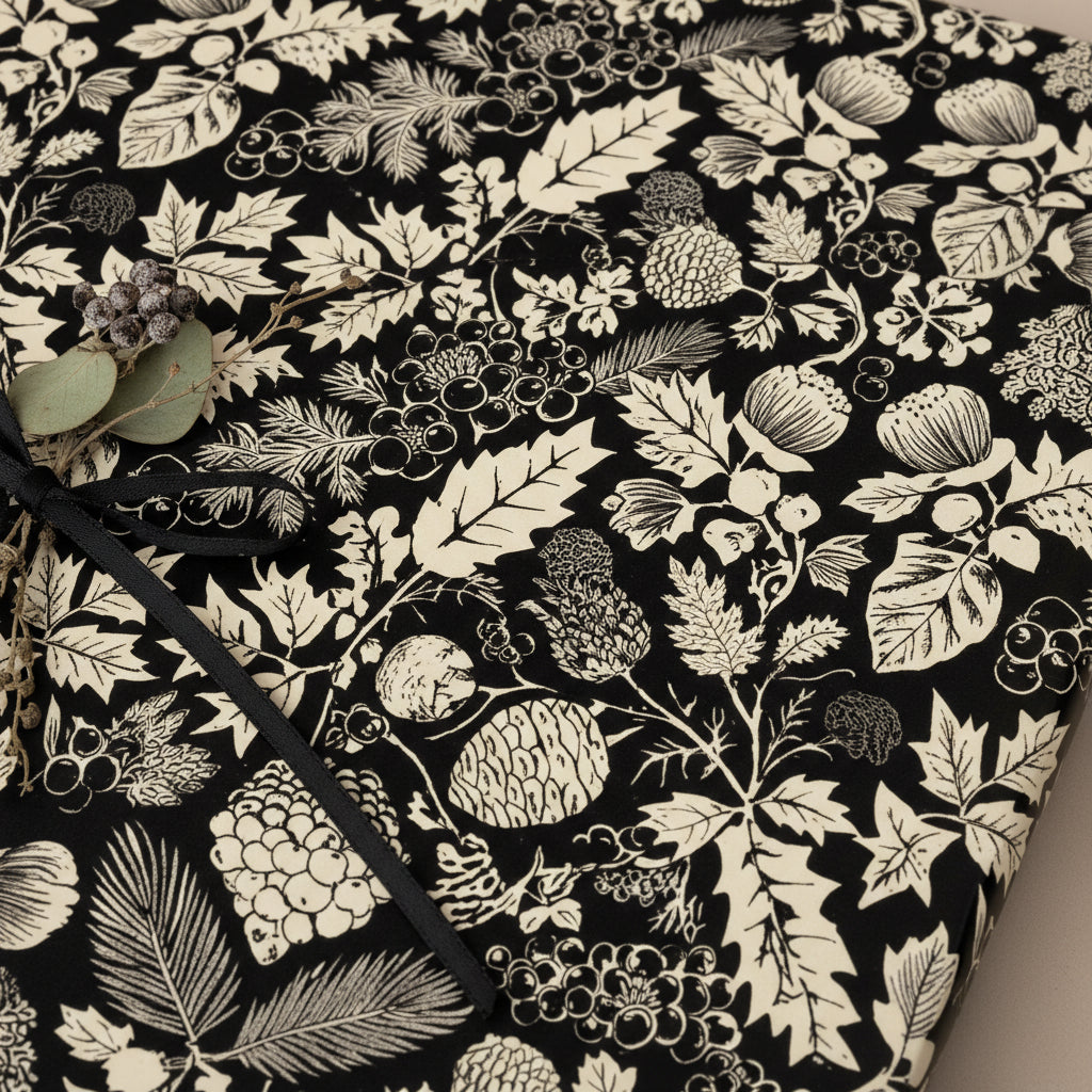 Black & cream floral wrapping paper with black ribbon and berry accent, perfect for elegant Christmas gift wrap or rustic birthday presents.