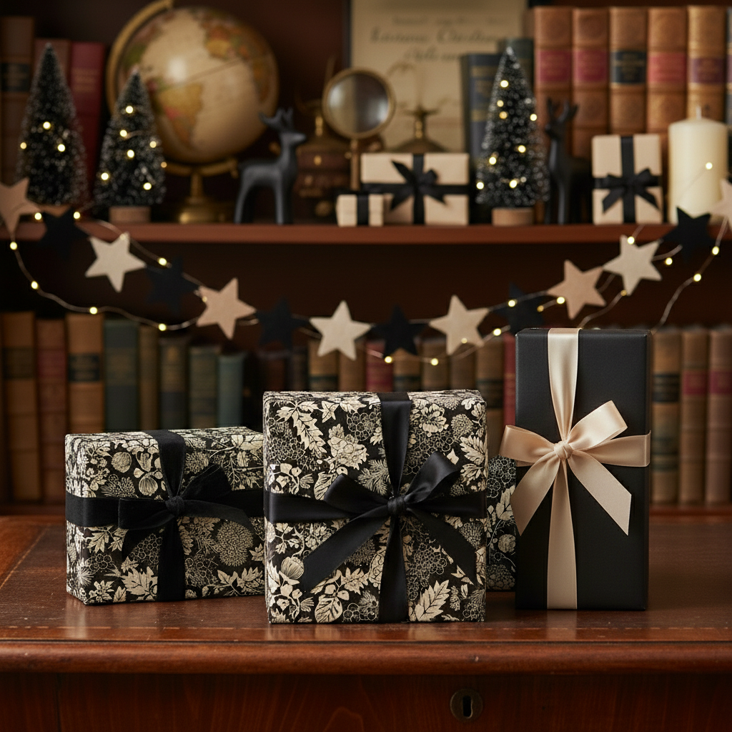 Elegant presents wrapped in black floral wrapping paper and solid black paper with ribbons on a wooden desk.