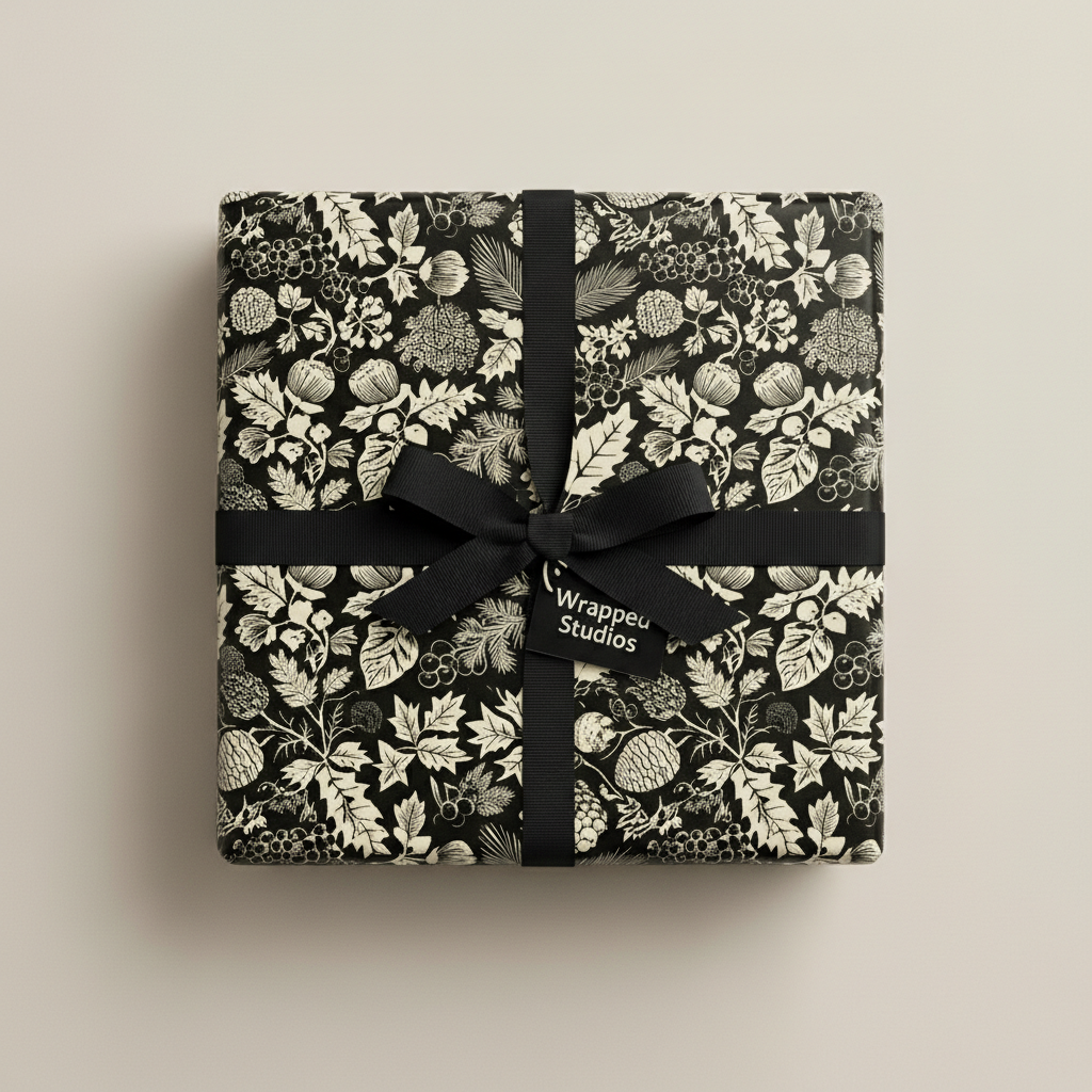 Elegant gift wrapped in black floral wrapping paper with a matte black ribbon and bow.