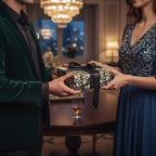 Elegant exchange of luxury gift wrap with black ribbon featuring a unique floral pattern.