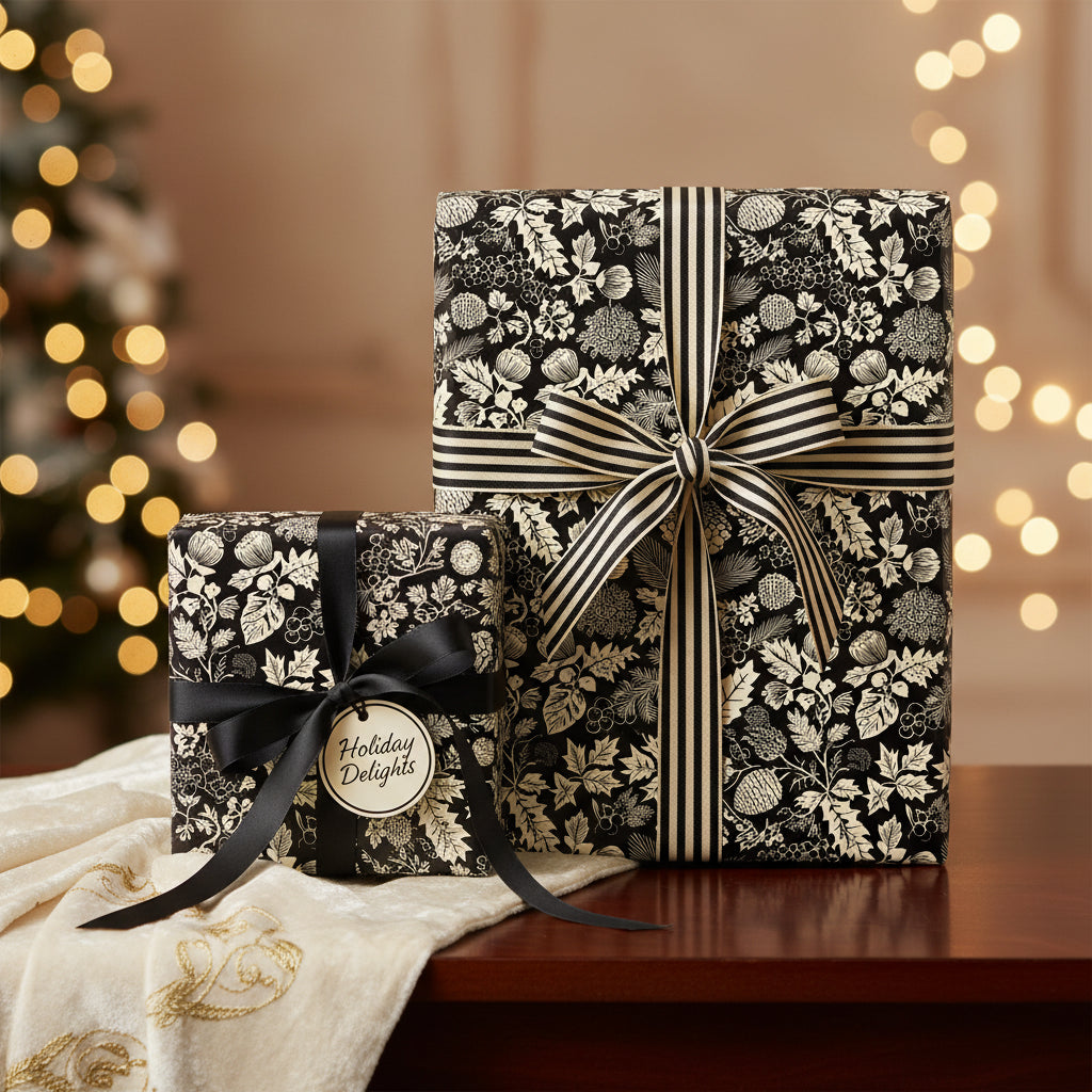 Elegant Christmas gifts wrapped in black floral wrapping paper with striped ribbon, for luxury holiday giving.