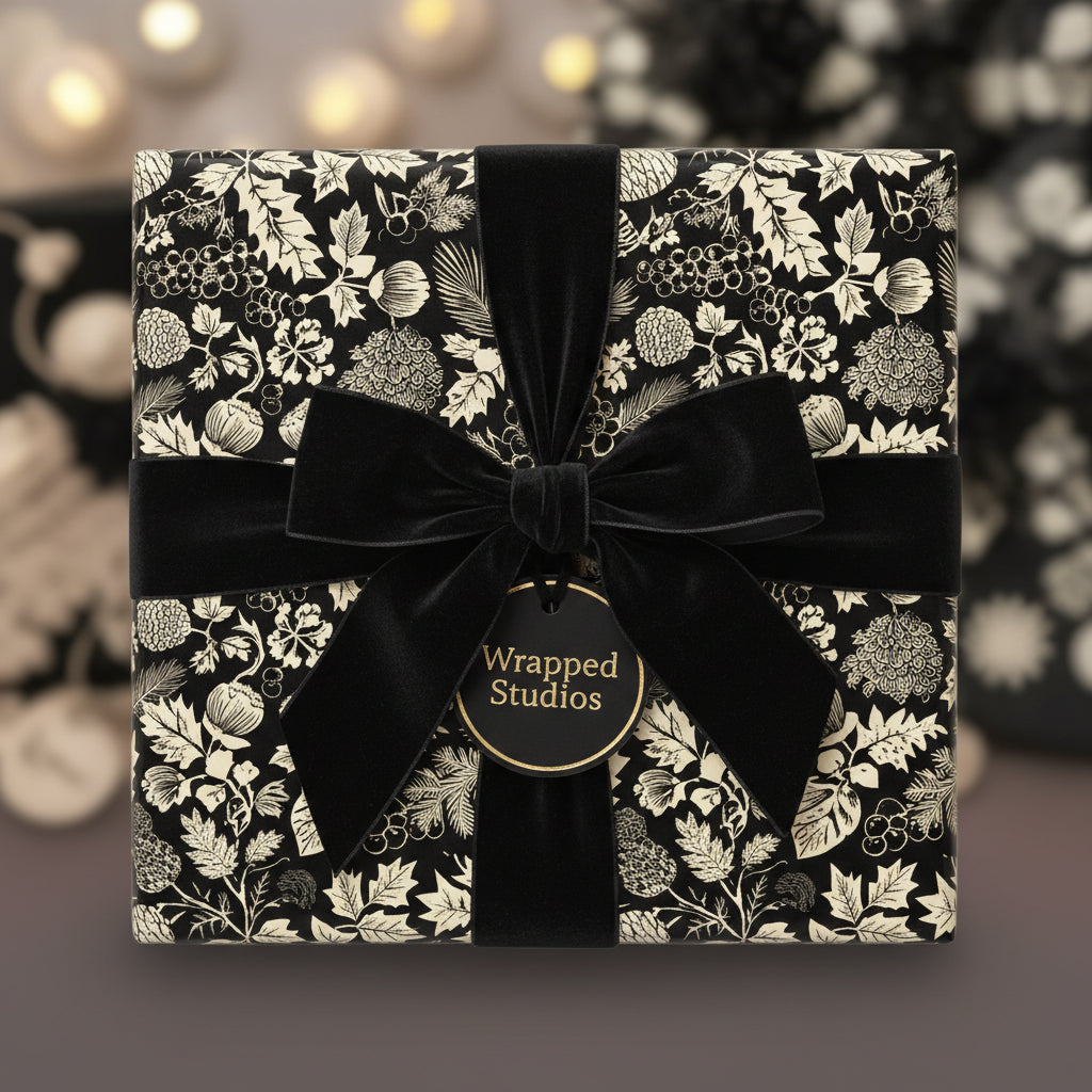 Elegant gift wrapped in black floral wrapping paper with a velvet ribbon and bow.