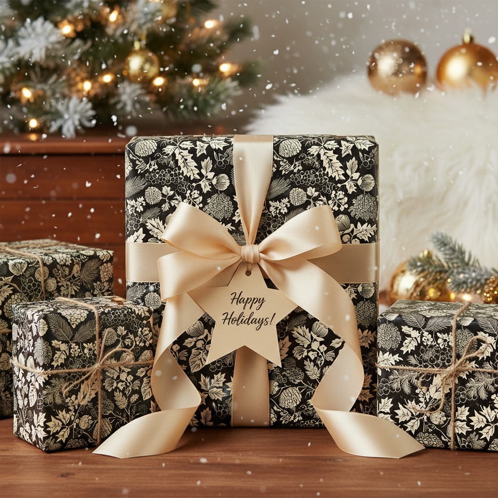 Elegant Christmas gift wrap: black floral paper with gold ribbon and "Happy Holidays" tag.