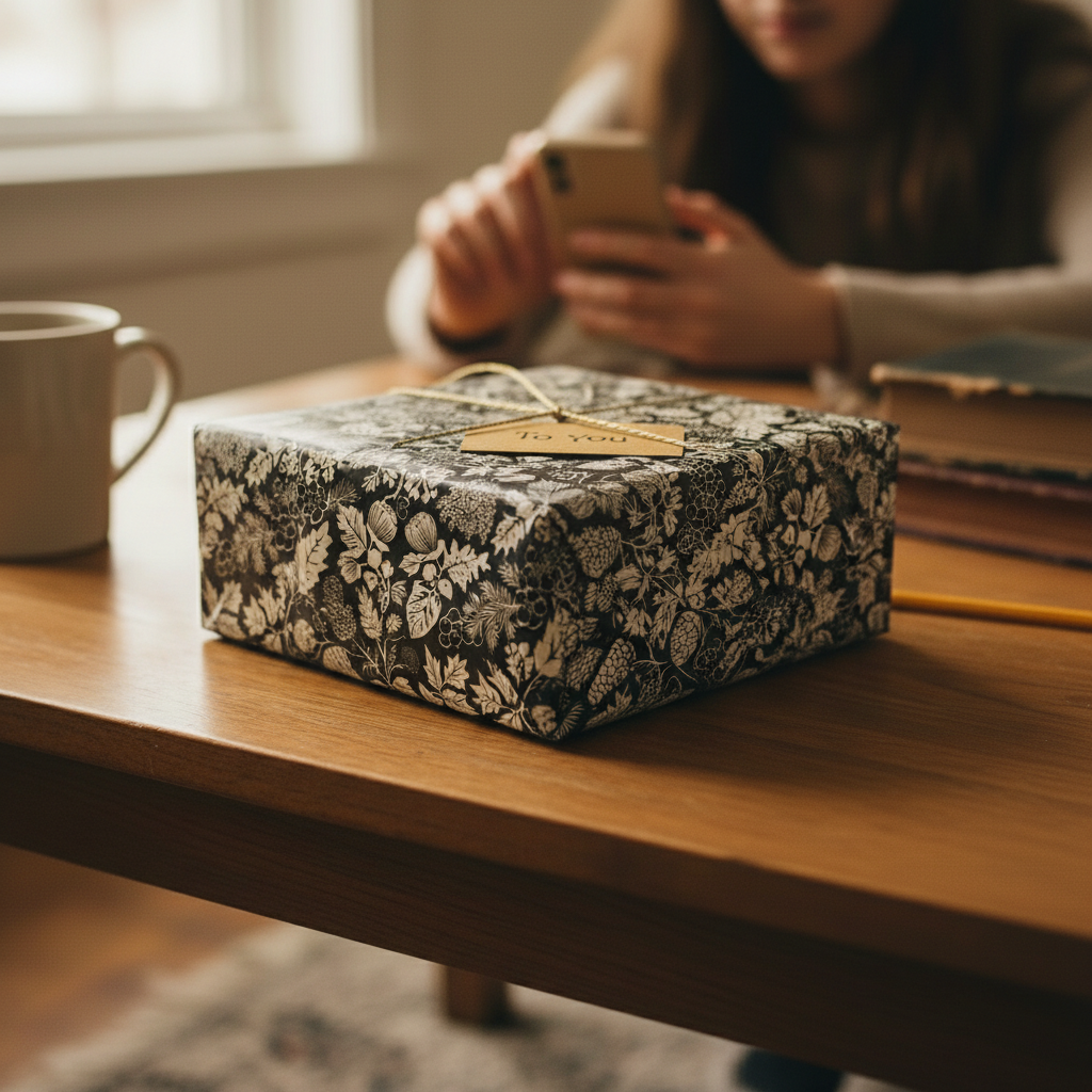 Close-up of a gift wrapped in elegant black and white floral wrapping paper, with a simple tag saying "To you."