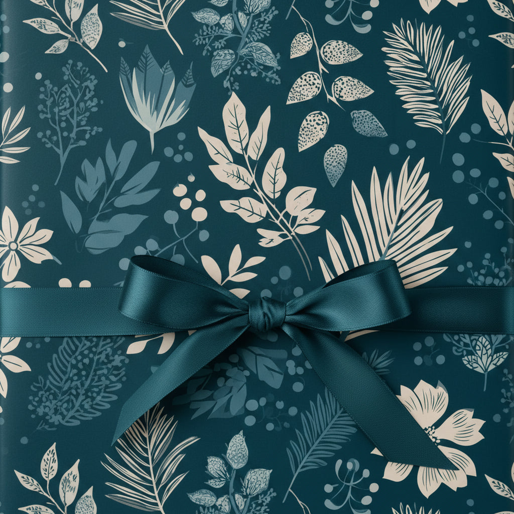 Elegant teal floral wrapping paper with a matching satin ribbon bow.