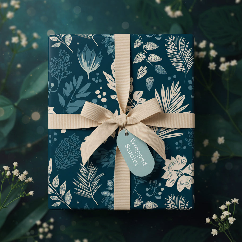 Elegant gift wrapped in navy floral wrapping paper, accented with a cream ribbon and tag.