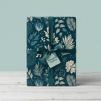 Elegant floral wrapping paper in teal and cream, tied with a satin ribbon, perfect for birthday gifts.