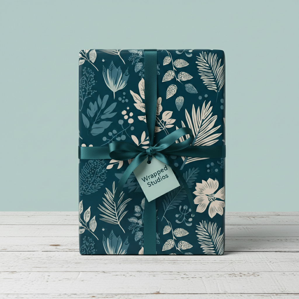 Elegant floral wrapping paper in teal and cream, tied with a satin ribbon, perfect for birthday gifts.