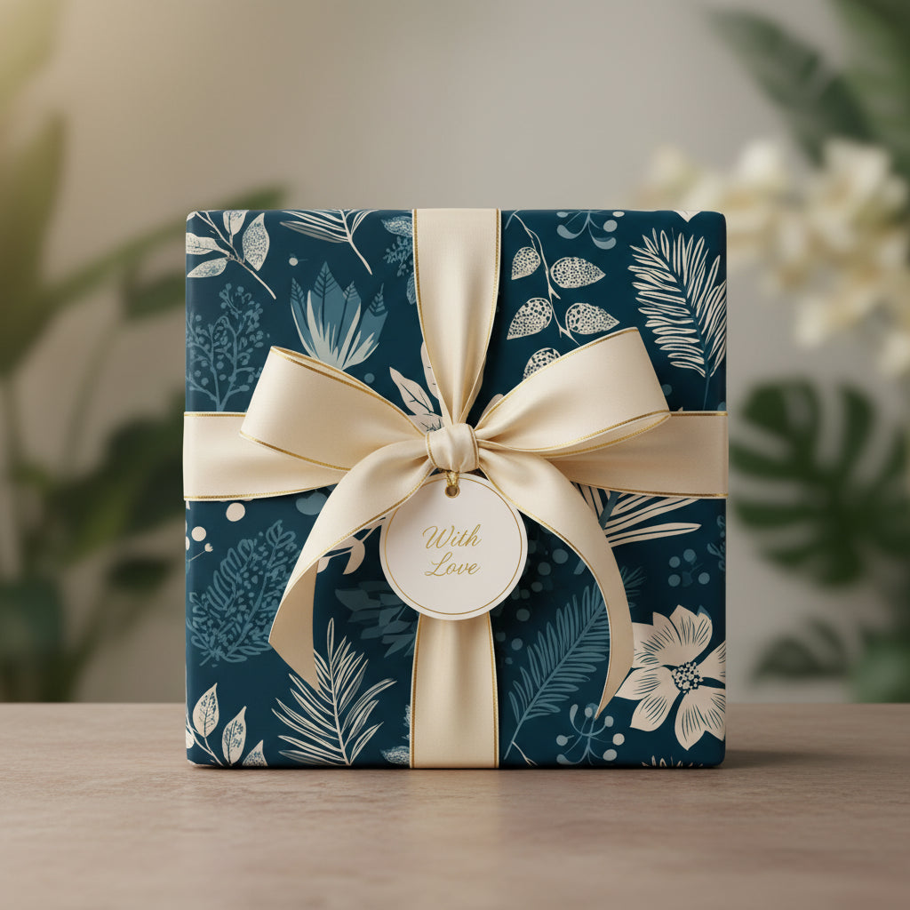Elegant navy floral wrapping paper with cream ribbon and "With Love" tag on a square gift box.