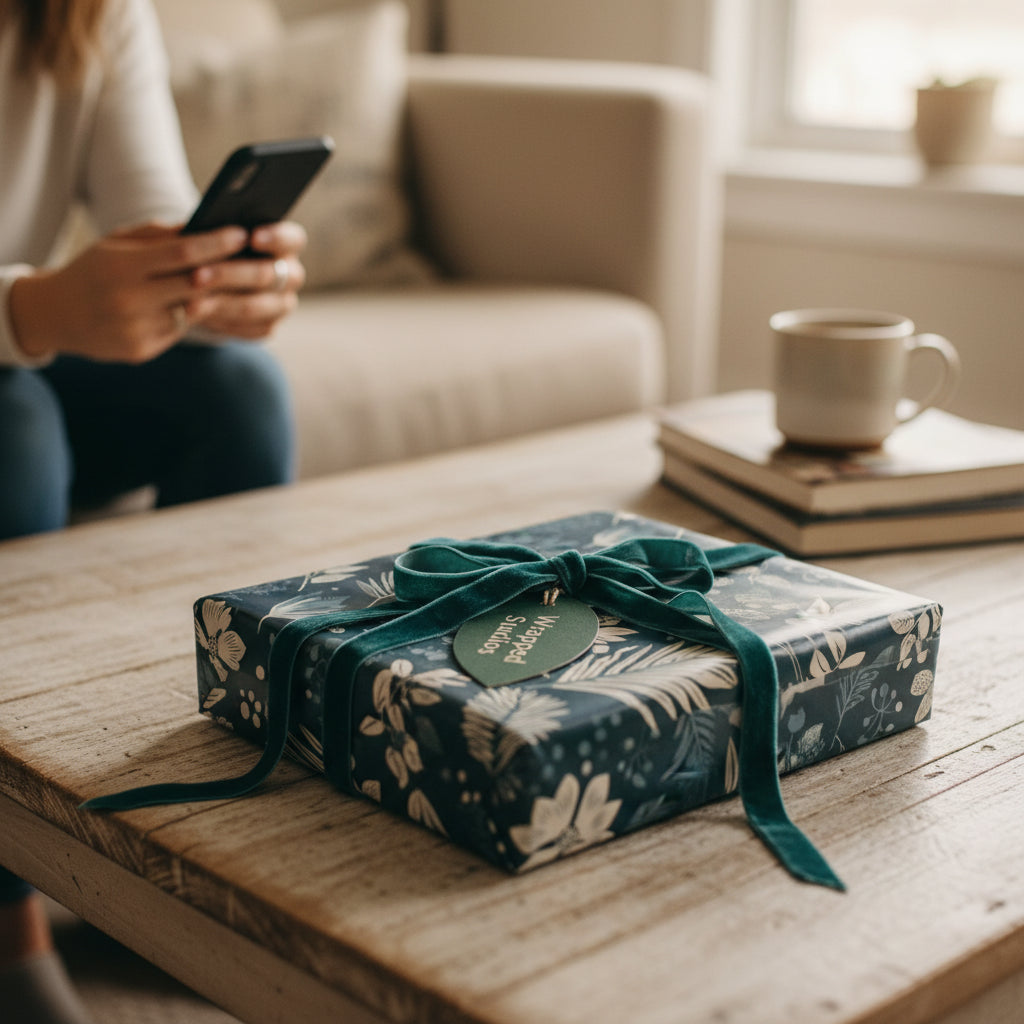 Elegant floral wrapping paper on a square gift box with a velvet ribbon in a cozy living room setting.
