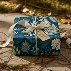 Elegant gift wrapped in blue floral wrapping paper with a beige ribbon and "Naturally Yours" tag.