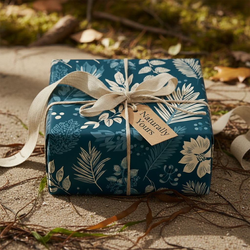Elegant gift wrapped in blue floral wrapping paper with a beige ribbon and "Naturally Yours" tag.