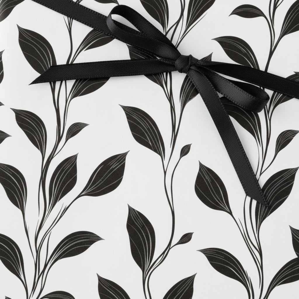 Monochrome floral wrapping paper with black ribbon, an elegant gift wrap from Wrapped Studios.