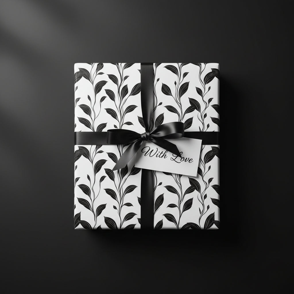 Elegant floral gift wrap with black satin ribbon and "With Love" tag.