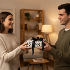Couple exchanging a gift wrapped in black and white floral wrapping paper with black ribbon.