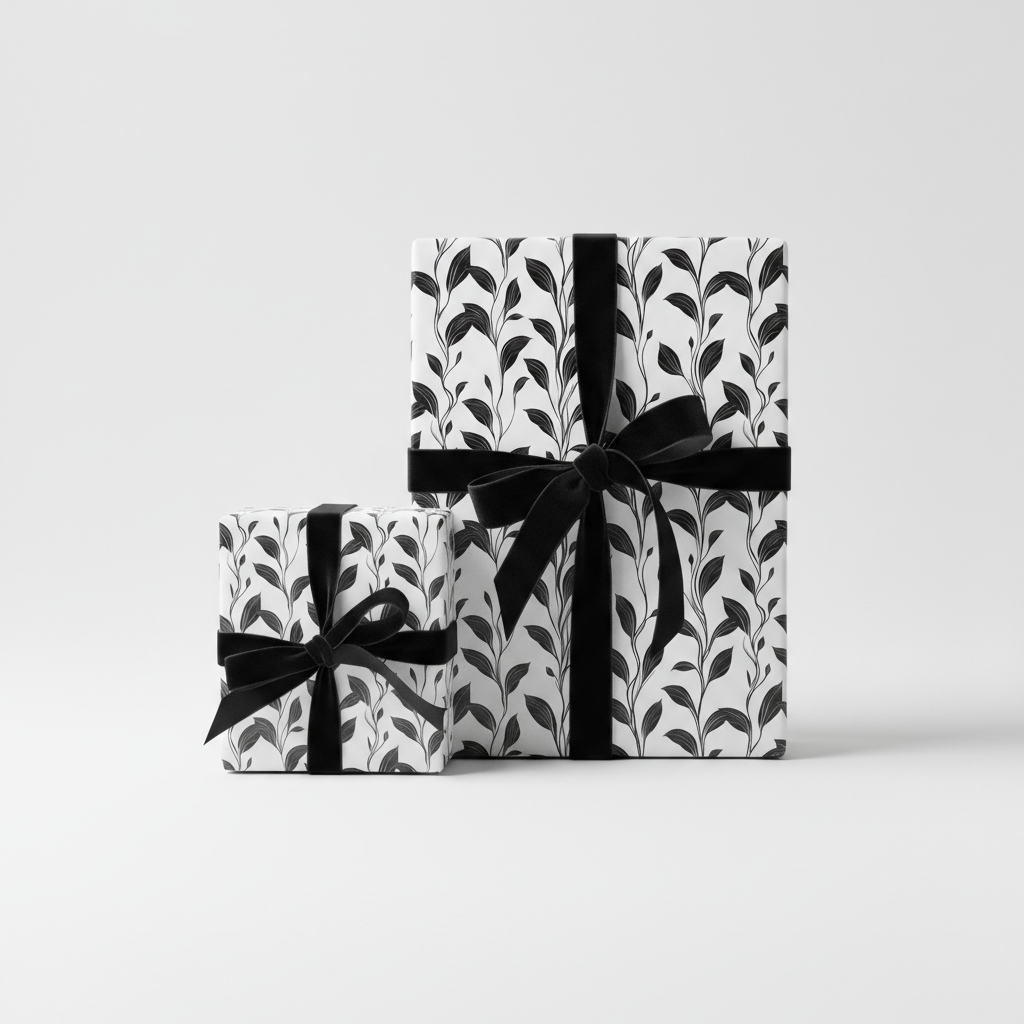 Two gifts wrapped in botanical wrapping paper with black velvet ribbon from Wrapped Studios.