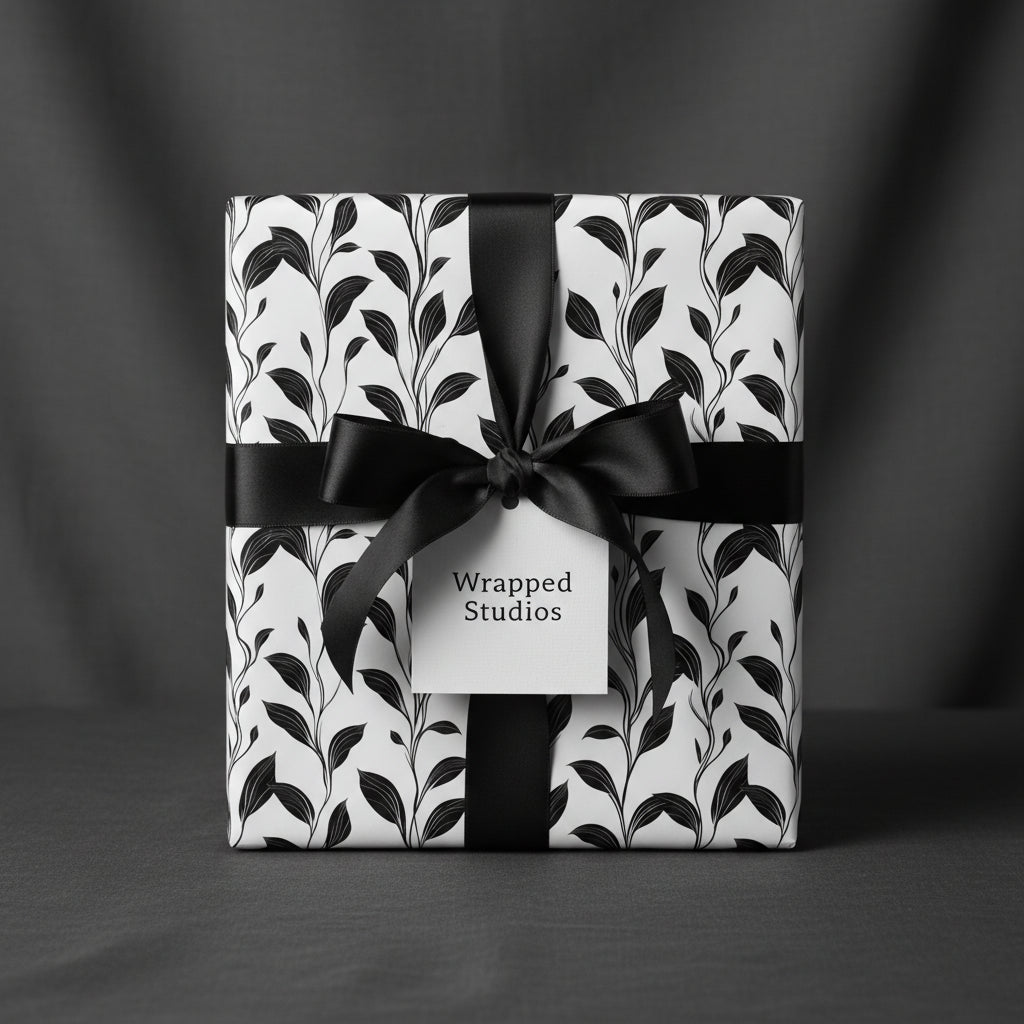 Elegant gift with black ribbon and Wrapped Studios floral wrapping paper.
