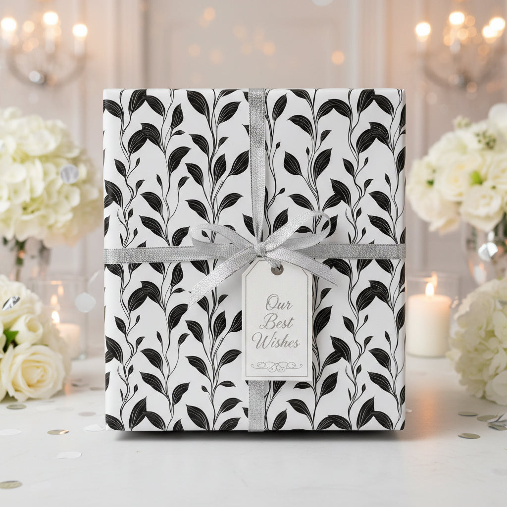 Elegant gift box wrapped in black and white floral wrapping paper with silver ribbon.
