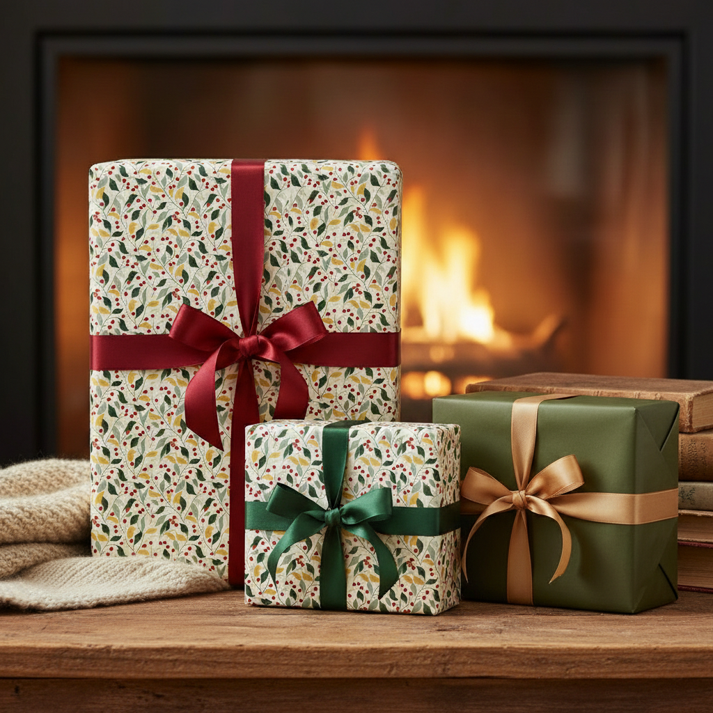 Elegant Christmas gifts wrapped in floral wrapping paper with burgundy and green ribbon, set by a cozy fireplace.