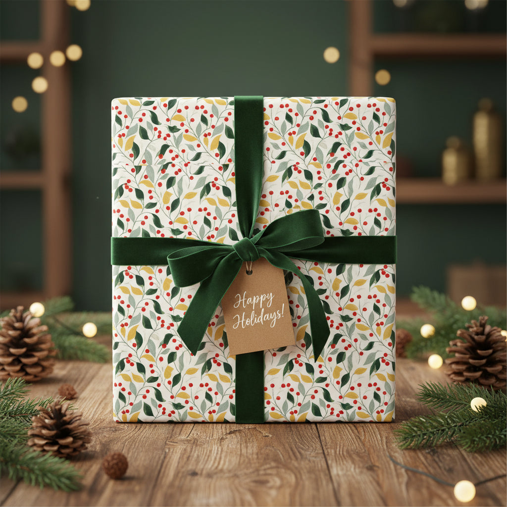 Festive Christmas gift with floral wrapping paper, green velvet ribbon, and "Happy Holidays!" tag.