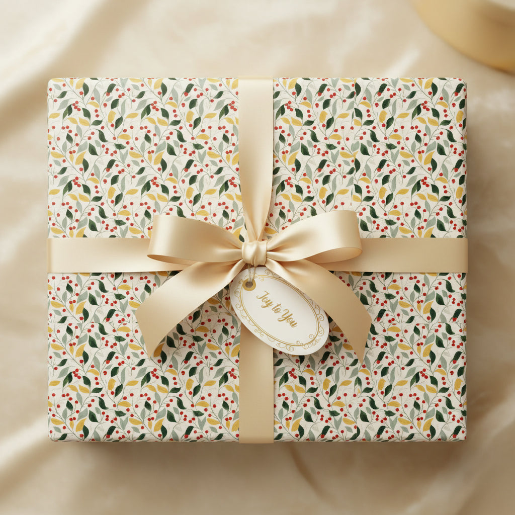 Elegant gift wrapped in floral wrapping paper with a gold satin bow and "Joy to You" gift tag.