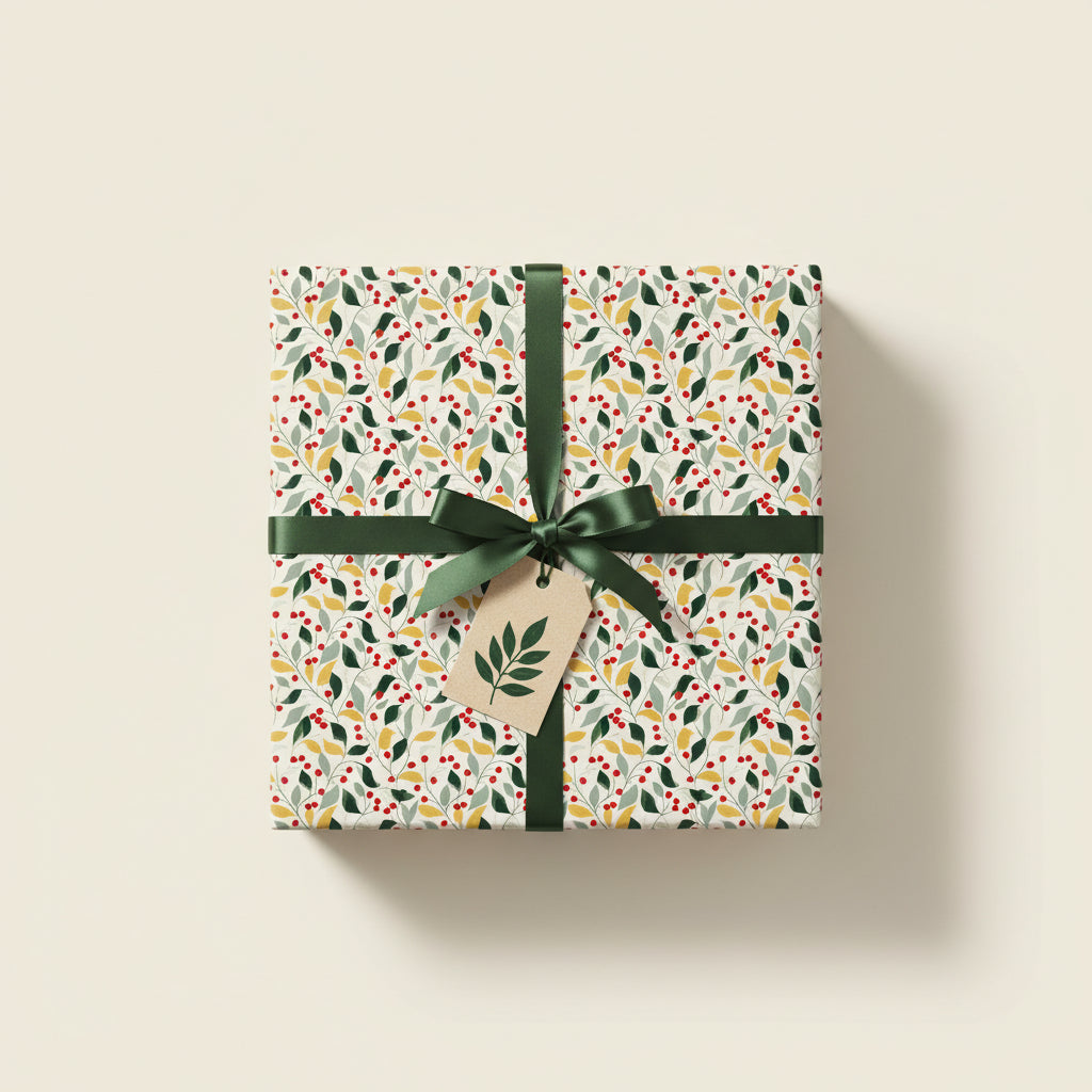 Festive gift wrapped in floral holiday wrapping paper with dark green ribbon and leaf tag.