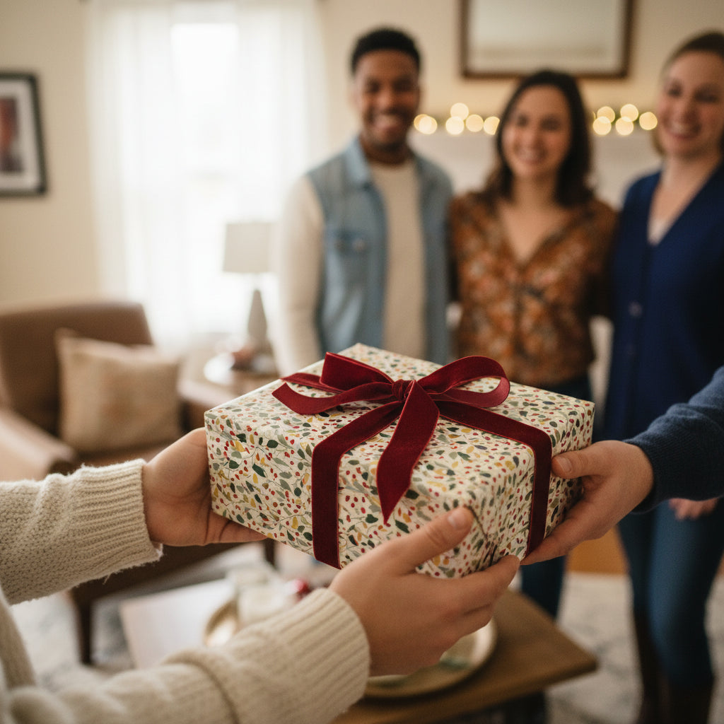 Giving a Christmas gift wrapped in floral gift wrap and tied with a velvet ribbon.