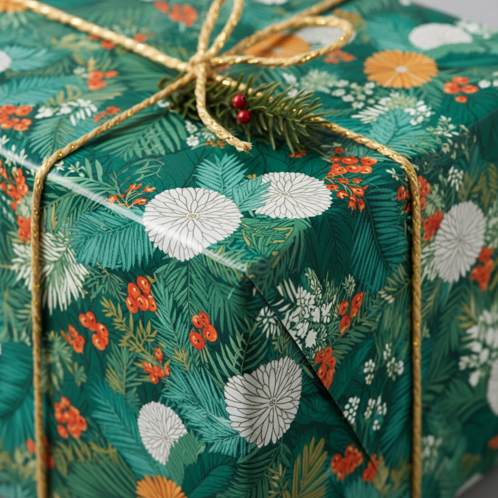 Close-up of a gift wrapped in elegant green floral Christmas wrapping paper with gold cord and sprig of berries.