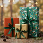 Elegant Christmas presents wrapped in floral gift wrap with green satin ribbon on a wood surface.