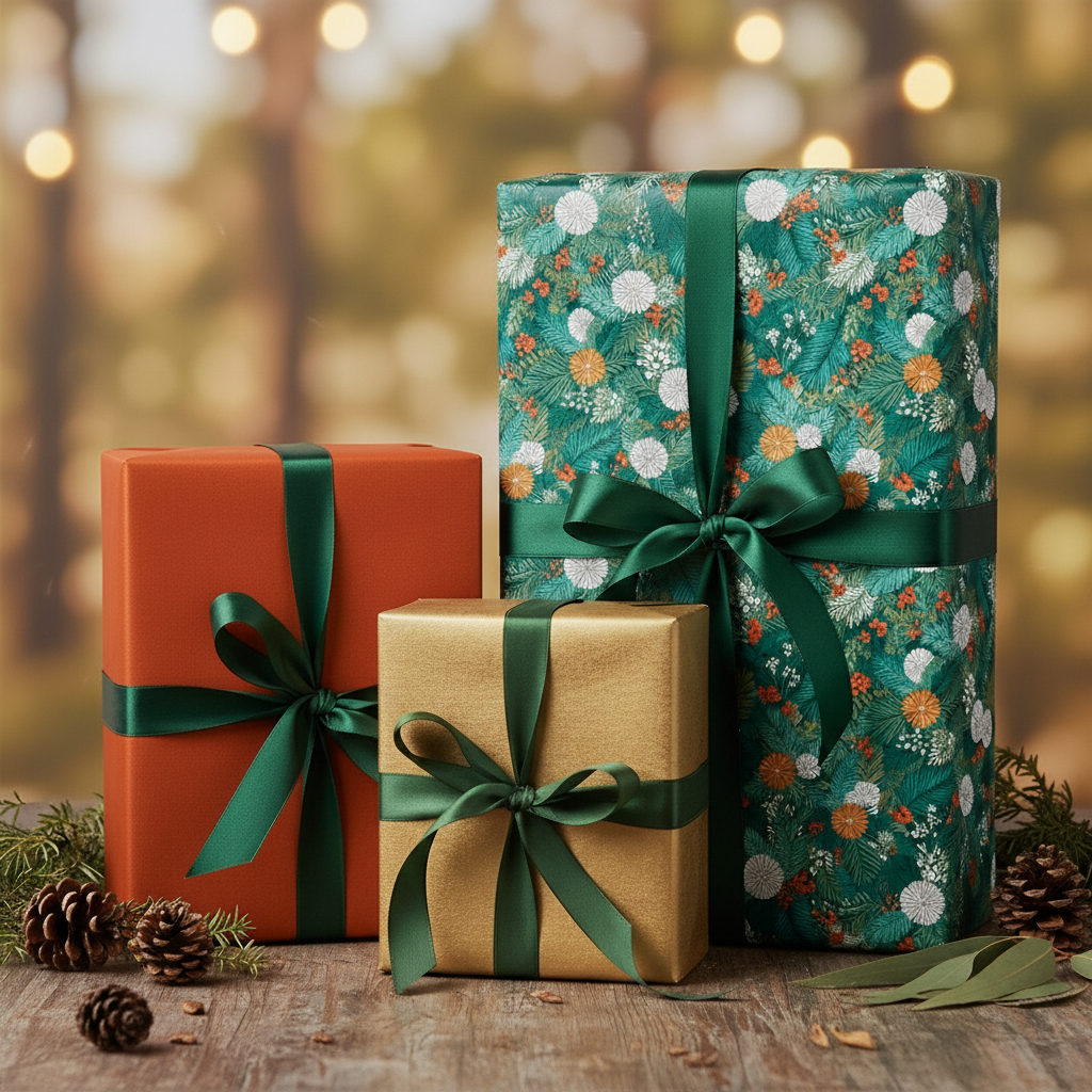 Elegant Christmas presents wrapped in floral gift wrap with green satin ribbon on a wood surface.