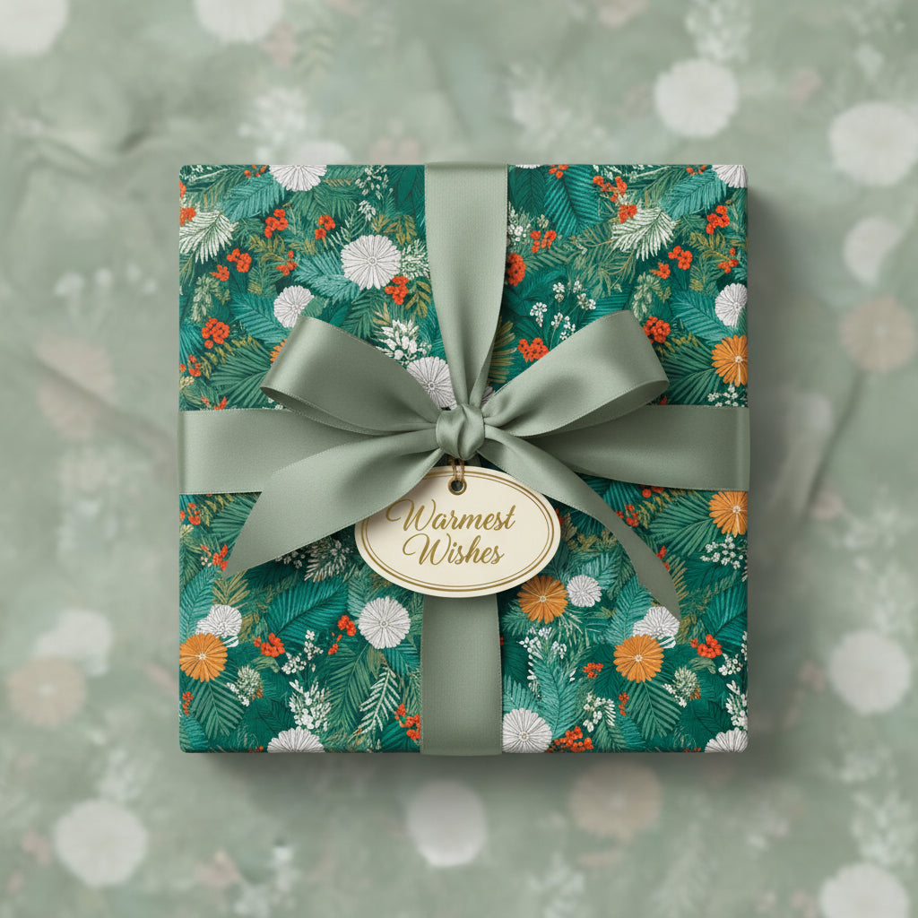 Square gift wrapped in green floral wrapping paper with olive ribbon and "Warmest Wishes" tag.