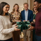 Elegant green floral wrapping paper with velvet ribbon for Christmas gifts exchange among friends.
