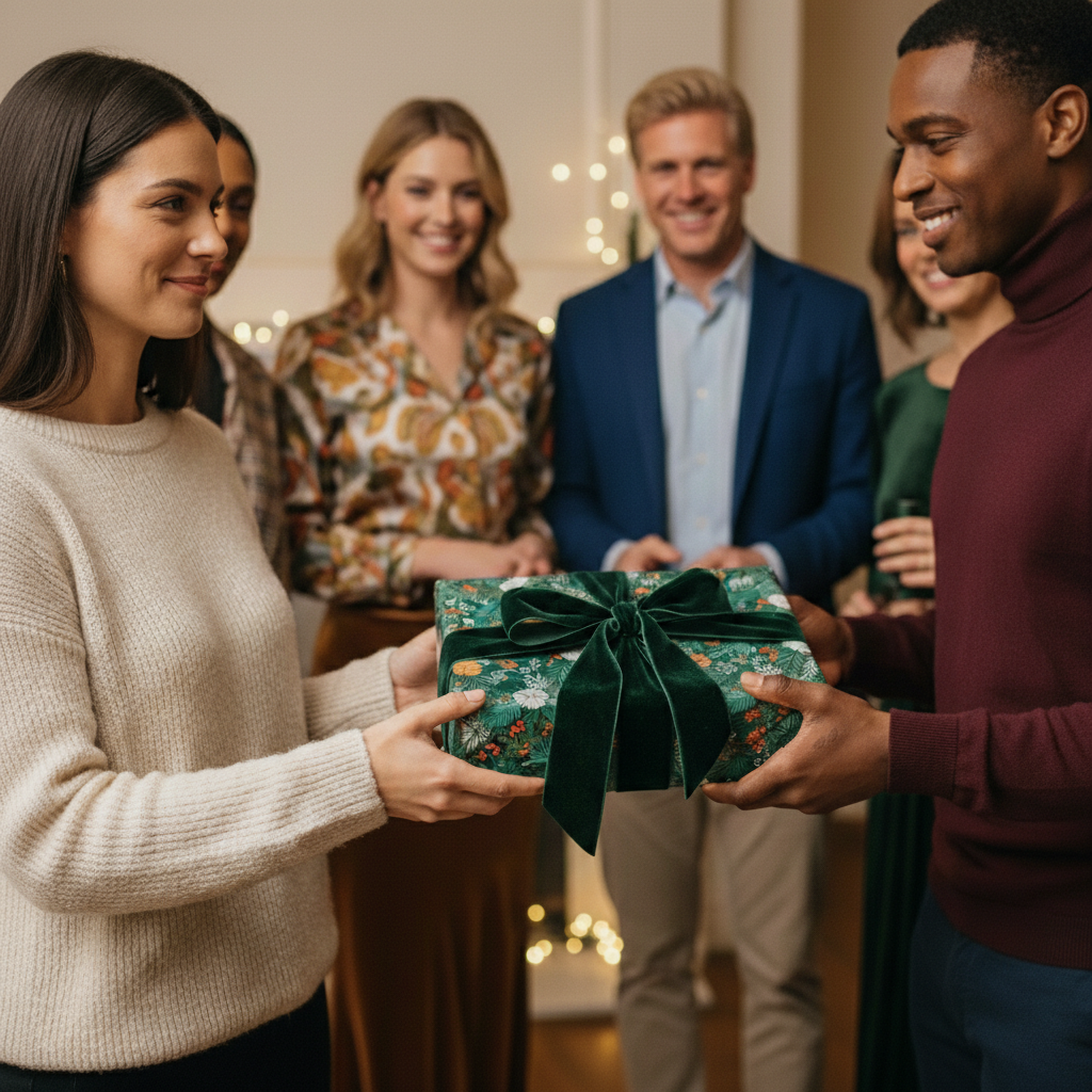 Elegant green floral wrapping paper with velvet ribbon for Christmas gifts exchange among friends.