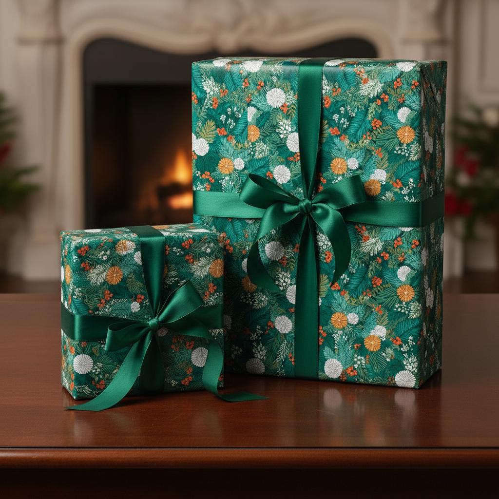 Elegant gifts wrapped in green floral wrapping paper with emerald satin ribbons, perfect for Christmas or birthdays.