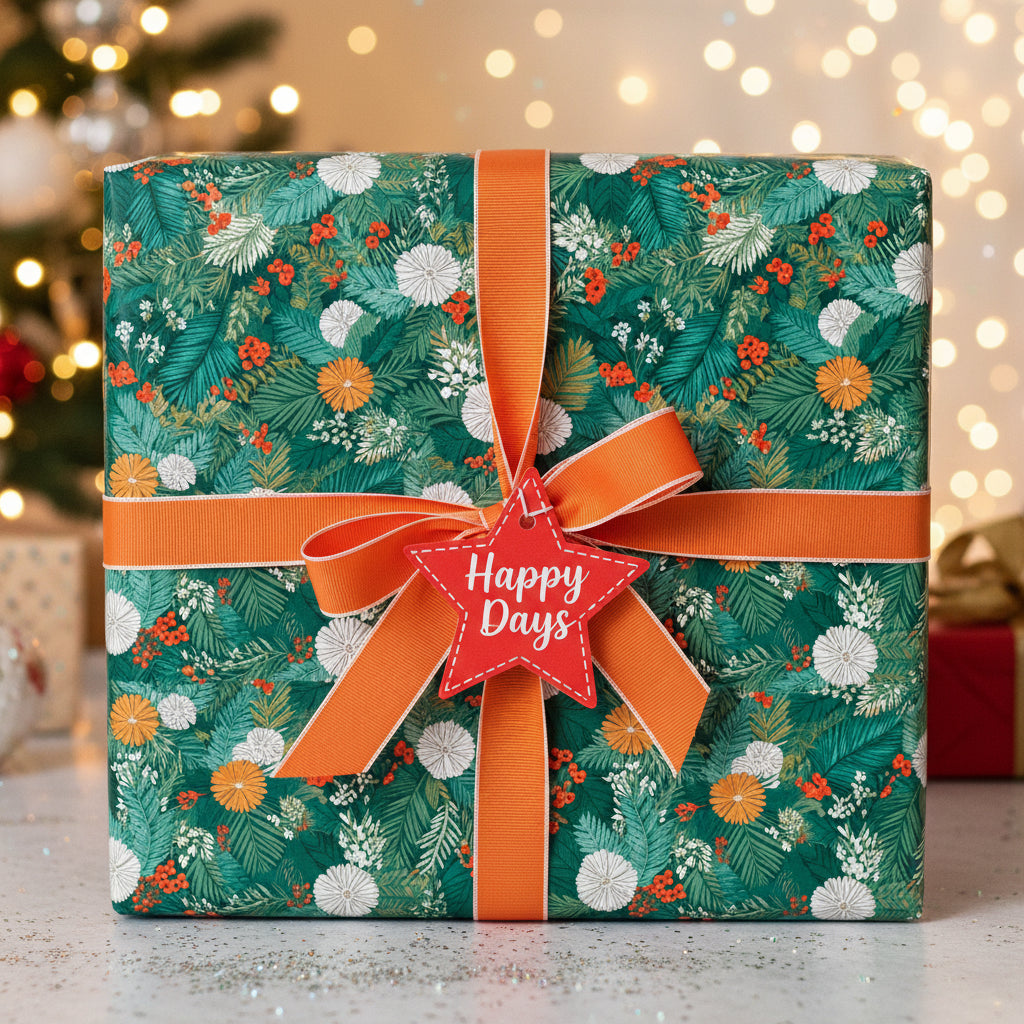 Elegant Christmas gift wrapped in green floral paper with an orange ribbon and a Happy Days tag.