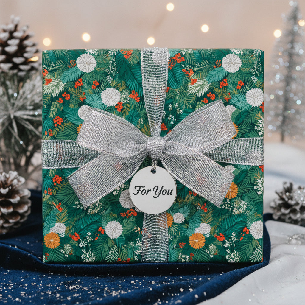 Christmas gift wrapped in green floral wrapping paper with silver bow and "For You" tag.