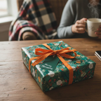 Cozy scene with floral Christmas wrapping paper on gift, orange ribbon, and "Merry Moments" tag.