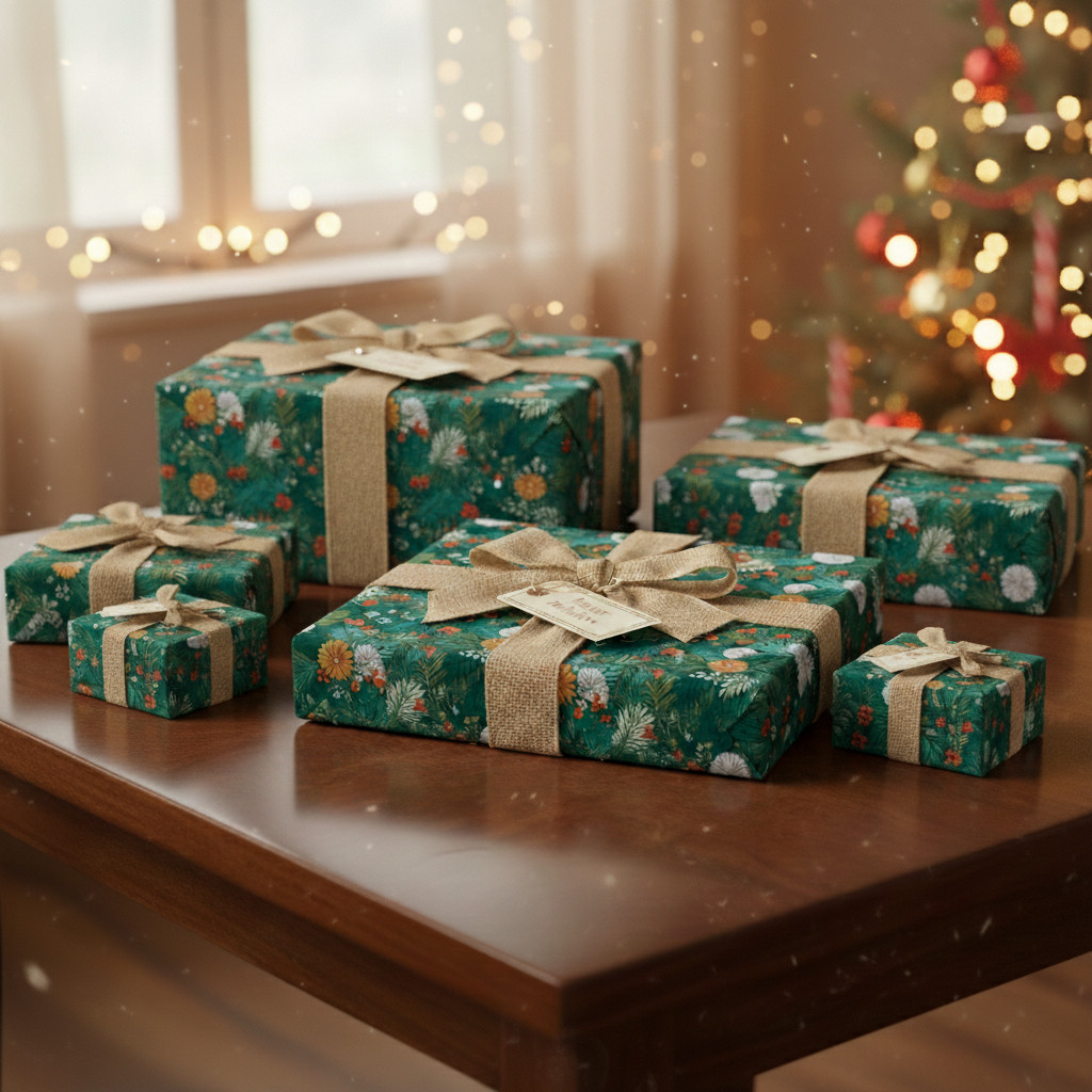 Christmas presents wrapped in dark green floral wrapping paper with burlap ribbon on a wood table.
