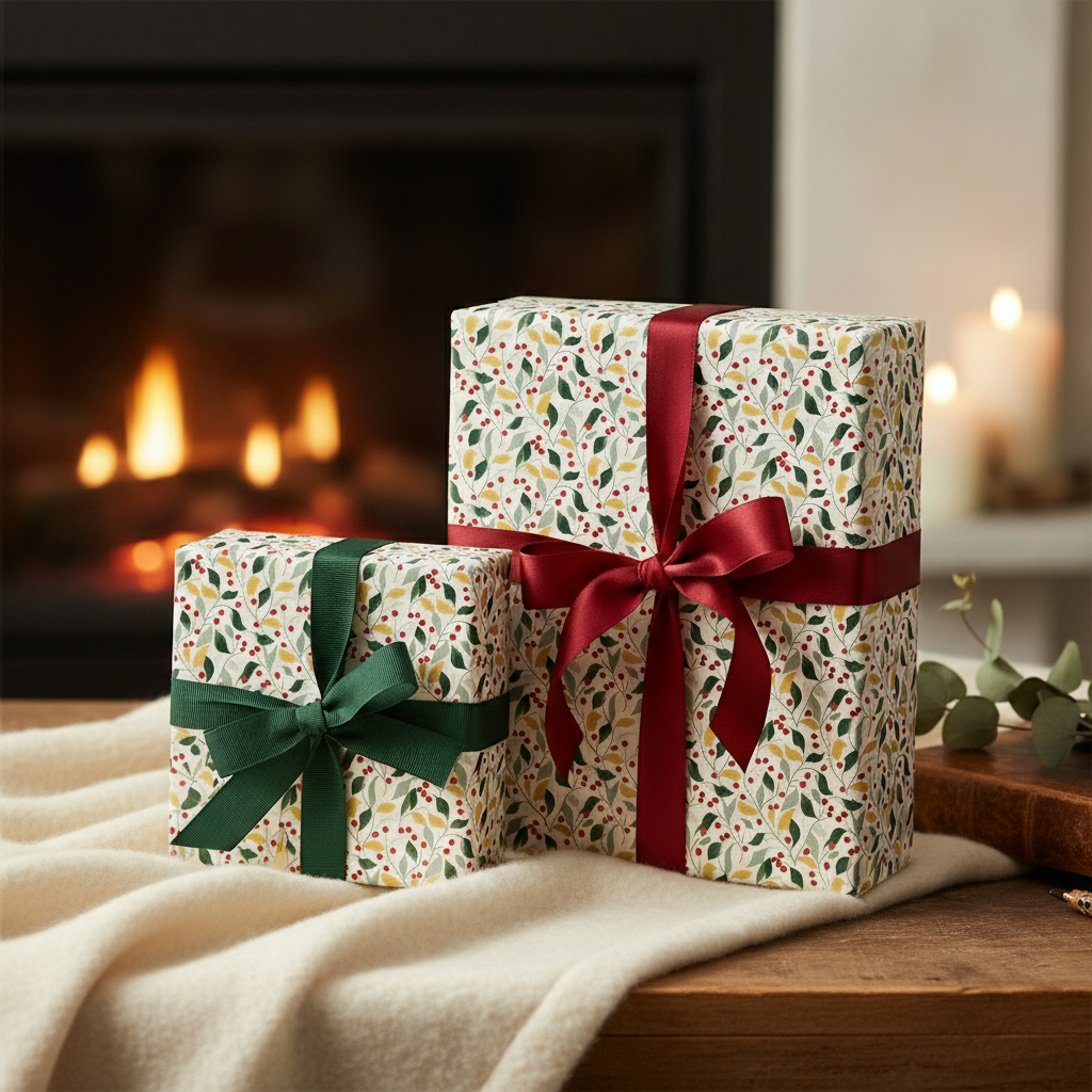 Elegant Christmas gift wrap featuring a floral berry pattern with red and green ribbon bows.