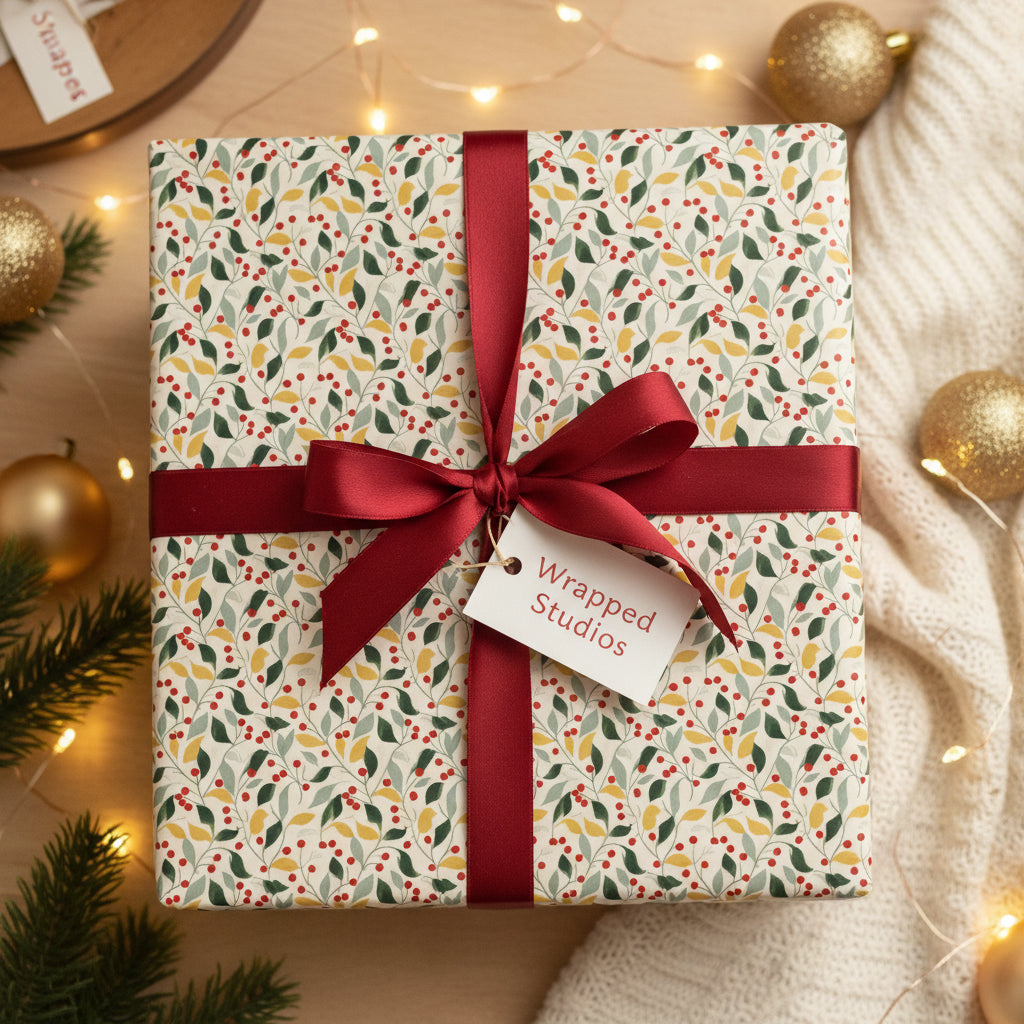 Christmas gift wrapped in botanical print paper with red ribbon and gold ornaments.