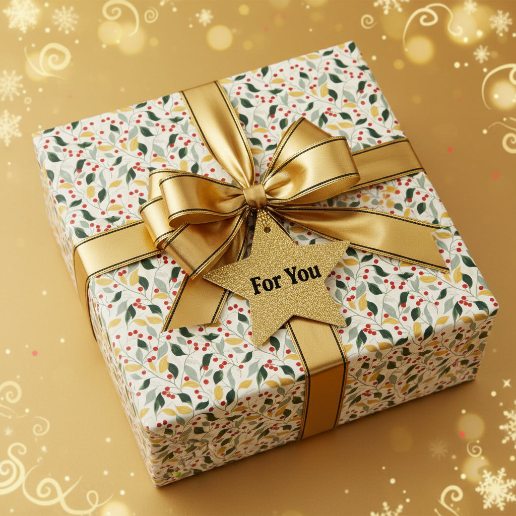 Gift box wrapped in festive floral wrapping paper with gold ribbon and "For You" star tag.