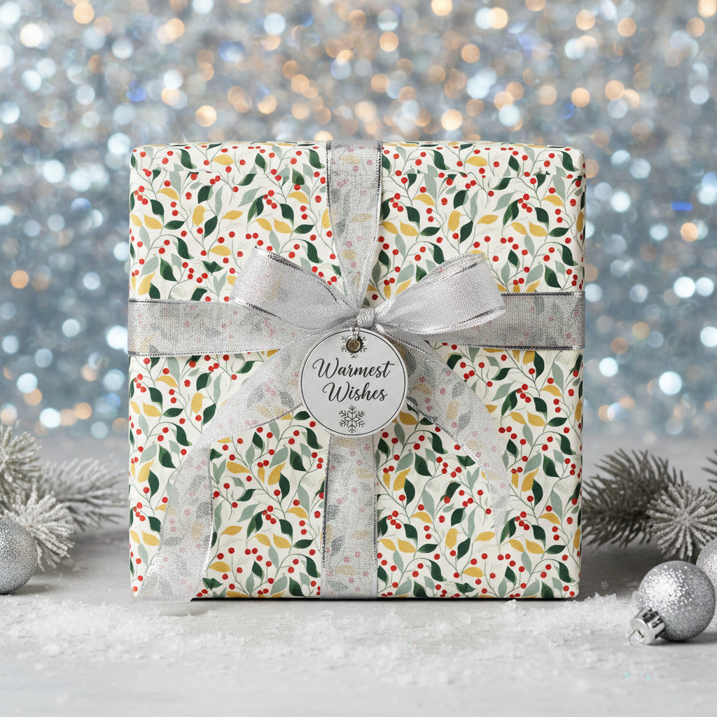 Christmas gift wrapped in floral wrapping paper with silver ribbon and "Warmest Wishes" tag.