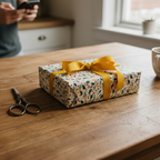 Gift box wrapped in elegant floral wrapping paper with yellow ribbon on a wooden table.