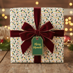 Square gift wrapped in floral Christmas wrapping paper with a burgundy velvet ribbon and "Merry Moments" tag.
