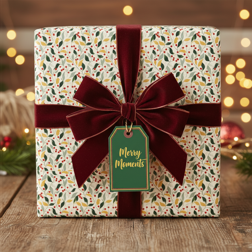 Square gift wrapped in floral Christmas wrapping paper with a burgundy velvet ribbon and "Merry Moments" tag.
