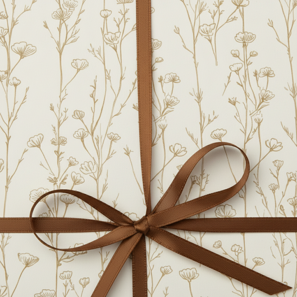 Elegant floral wrapping paper with a brown satin ribbon tied in a bow.