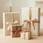 Elegant presents wrapped in floral wrapping paper with gold ribbon; luxury gift wrap for birthdays, weddings, or holidays.