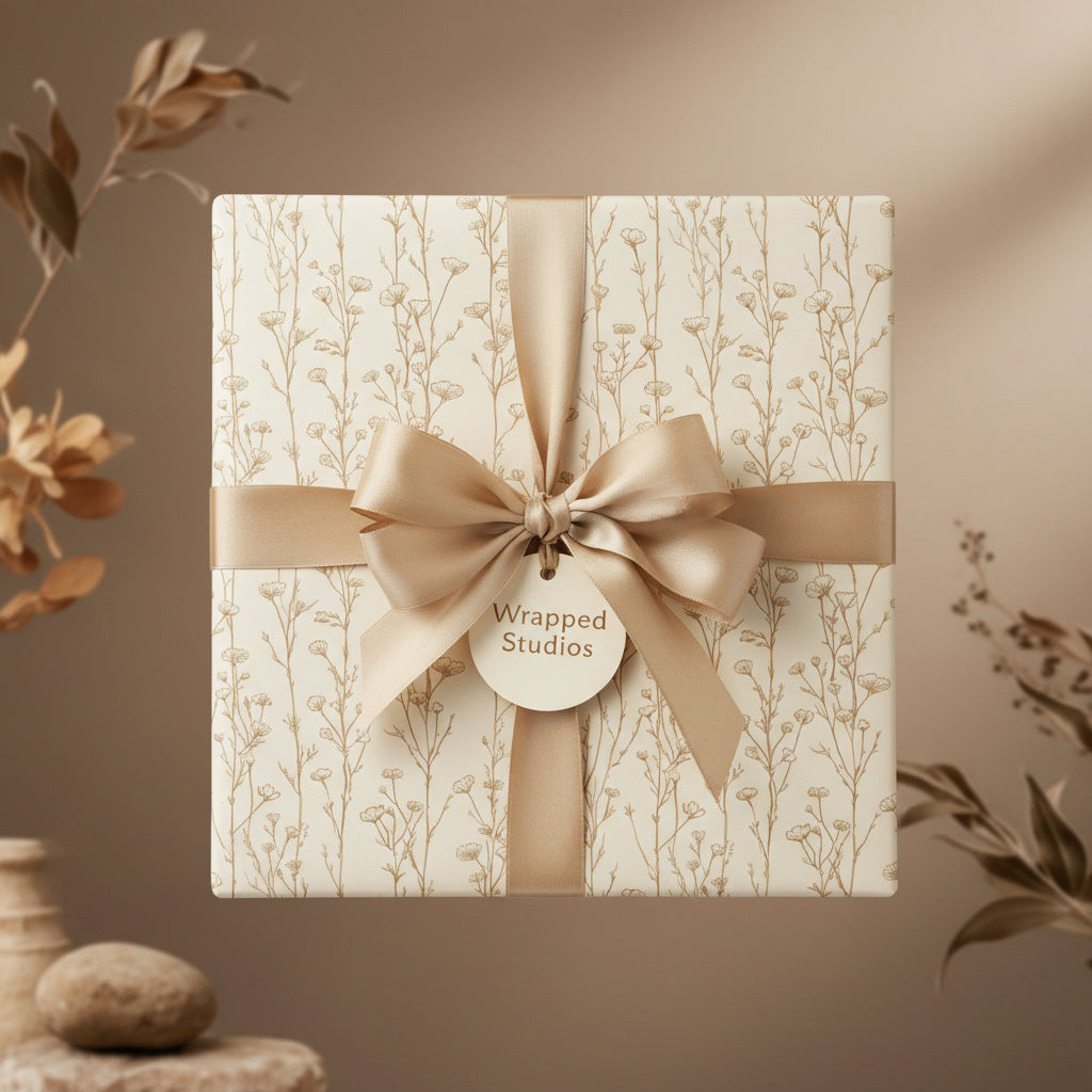 Elegant gift box wrapped in floral wrapping paper with gold ribbon and bow, perfect for birthday or wedding presents.