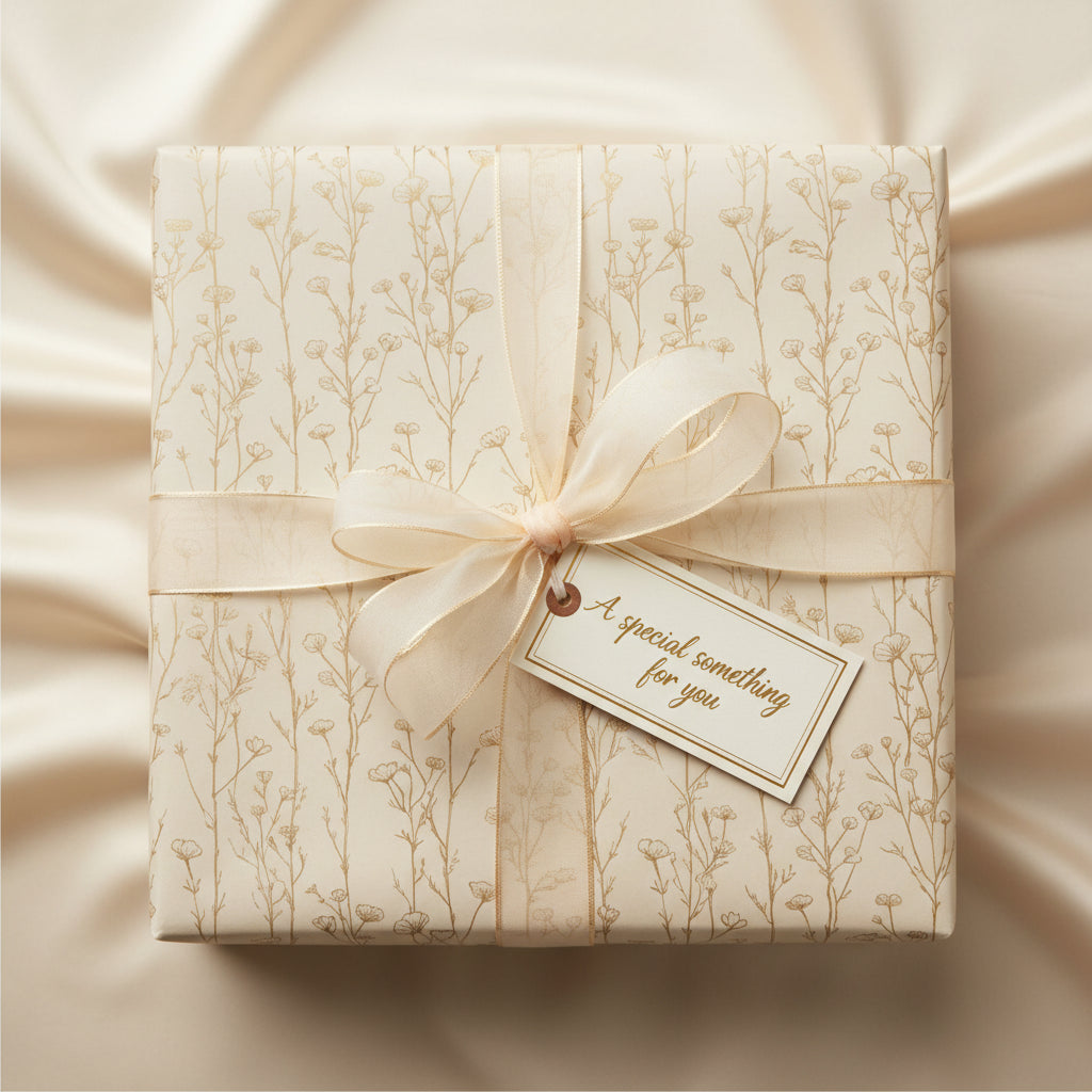 Elegant gift wrapped in cream floral wrapping paper with sheer ribbon and a "special something for you" tag.