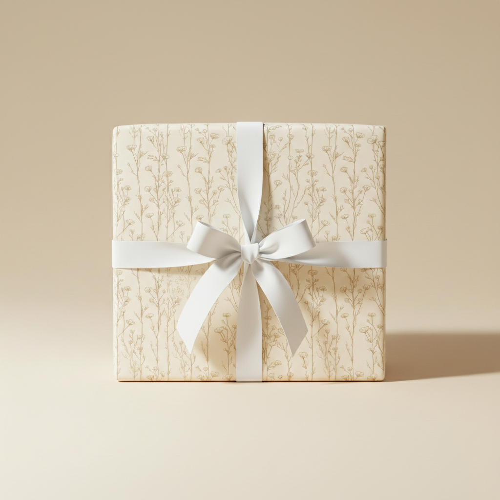Square gift wrapped in elegant floral wrapping paper with white ribbon and bow.